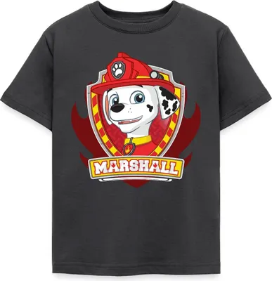 Produktbild von Spreadshirt Paw Patrol Marshall Feuerwehrhund Feuerwehr Emblem Kinder T-Shirt, 110/116 (5-6 Jahre), Dunkelgrau