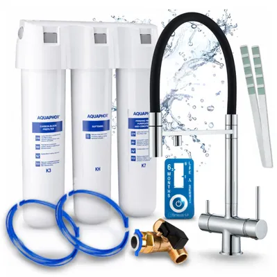 Image de Robinet de cuisine Ari 3 voies, modèle Highflex, chromé, avec douchette extractible. Livré avec le système de filtration d'eau Aquaphor Kristall H