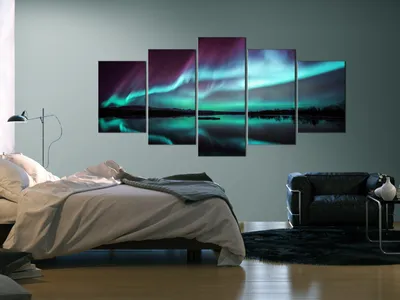 Produktbild von Akustikbild Polarlicht 200x100 cm Bilder Akustikschaum Hochleistungsschallabsorber Schallschutz Leinwand 5 tlg Wandbild Raumakustik Schalldämmung Nordlicht c-B-0290-b-n