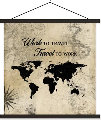 Produktbild von MuchoWow® Textilposter Weltkarte - Sprichwörter - Reisen - Vintage 60x60 cm mit schwarzem Rahmen - Posteraufhänger