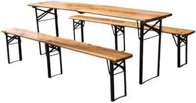 Produktbild von Gartenmöbel Bierzeltgarnitur Biertischgarnitur klappbare Gartenmöbel Terrassenmöbel, 3-Sekunden klappbares Holzbiertisch Set mit 2 Bänken, 12 cm Flachspeicher, 200 kg Tragfähigkeit