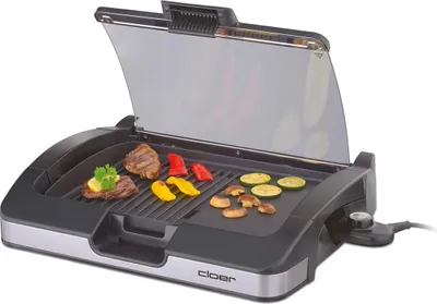 Produktbild von Cloer 6720 Barbecue-Grill mit Aluminium-Druckgussplatte, Antihaftbeschichtet, Glasdeckel, 2200 Watt, Grillfläche: 29 Barbecue-Grill, silber, schwarz