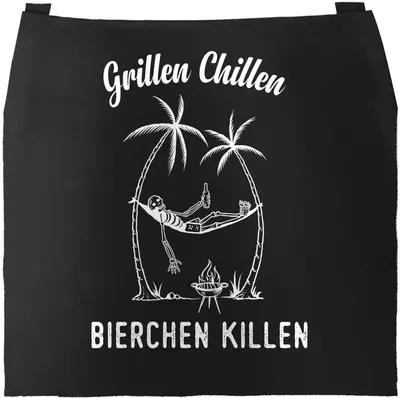 Produktbild von Grill-Schürze für Männer mit Spruch Grillen Chillen Bierchen Killen Spruch lustig Baumwoll-Schürze Küchenschürze Moonworks® schwarz unisize