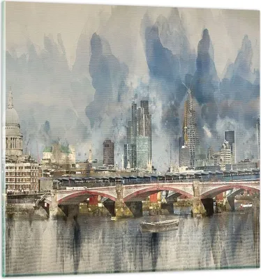 Produktbild von Bilder auf glas - Einteilig - London Aquarell Panorama - 60x60cm - Glasbilder - Wandbilder - Bilder - zum Aufhängen bereit - Wanddekoration aus Glas - Glas Bilder - Wandbild auf Glas - GAC60x60-4594