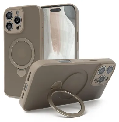 A product shot of a phone case with a ring stand.