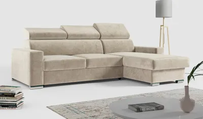 Zdjęcie produktu dla MKS MEBLE Narożnik FOX L wolnostojący z podłokietnikami i regulowanymi zagłówkami, narożnik z funkcją spania oraz pojemnikiem na pościel, sofa narożna w kształcie L - uniwersalny - Beżowy, welvet