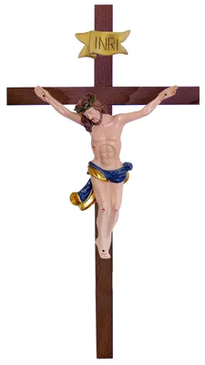 Wandkreuz 15 cm, Buchenholz walnussfarben, Jesus-Figur aus Harz