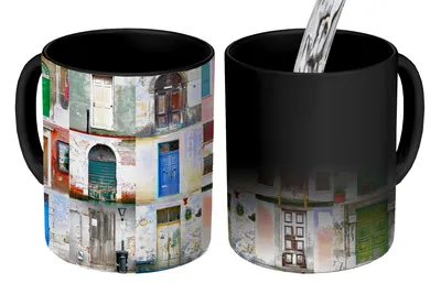 Obrázok produktu pre MuchoWow® Magický hrnček Magické dvere - Dúha - Architektúra - Koláž 350 ml Hrnček na zmenu farby Nápad na darček - Magický hrnček - Foto hrnček - Keramické hrnčeky - Obrázky - Šálka kávy - Hrnček na pitie - Hrnček na kávu