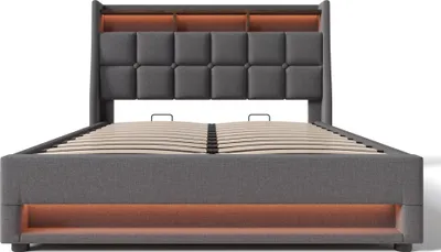 Produktbild von Flieks Polsterbett 140x200cm mit USB, Jugendbett Doppelbett mit Lattenrost und Stauraum, Stauraumbett mit LED, Leinen, Grau