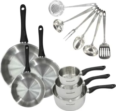 Image de Batterie de cuisine a induction - FACKELMANN - Geneva - Inox 18/8 - 12 pieces - 3 poeles, 3 casseroles et 6 ustensiles