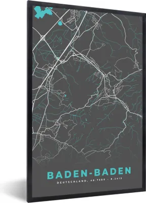 Produktbild von MuchoWow® Gerahmtes Poster Karte - Stadtplan - Baden Baden - Deutschland - Blau 20x30 cm - Poster mit Schwarzem Bilderrahmen Wandposter Rahmen Foto Bilder - Drucken - Bilder Poster im Rahmen