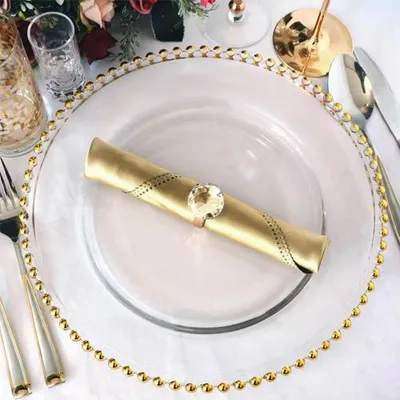 Produktbild von Platzteller 32cm aus Glas mit Gold Perlenrand 12er Set - Hochzeit, Geburtstag, Taufe, Event Tischdekoration