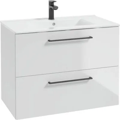 Obrázek produktu pro Koupelnová skříňka s umyvadlem bílý lesk 80 x 47 cm Závěsné úchytky černé