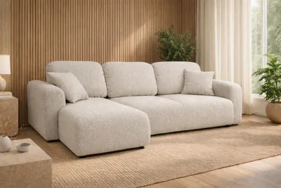 Image de Canapé d'angle  avec fonction couchage et coffre de rangement, canapé en L Bingo L, tissu chenille Artico, Nata, côté gauche