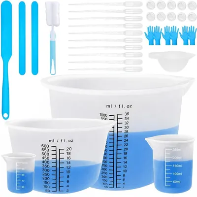 Image de Ensemble de 35 gobelets doseurs en silicone pour résine époxy, de 100 ml à 1000 ml, comprenant des bâtonnets de mélange, des spatules et des pipettes