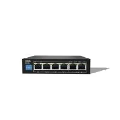 A black network switch with multiple ports, shown from the front.