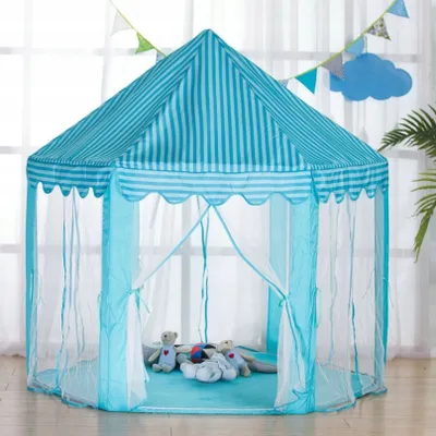 Produktbild von Kinderspielzelt mit klappbarem Dach, blau mit weißen Streifen, Durchmesser 140cm, Höhe 135cm
