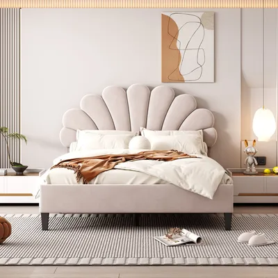 Produktbild von Beige Polsterbett 140x200cm (Ohne Matratze) mit blumenförmigem Kopfteil und Lattenrost Samtstoff Doppelbett (Ohne Matratze)