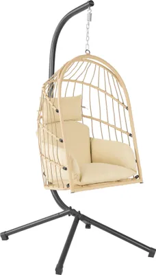 A hanging egg chair with a stand, isolated on a white background.