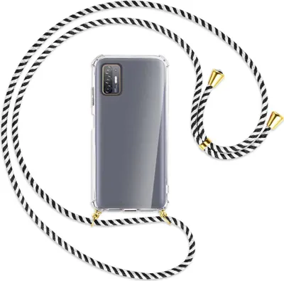 Produktbild von Handykette Backcover-Schutzhülle mit Band (Metall goldfarben) für HTC Desire 21 Pro - schwarz/weiß gestreift