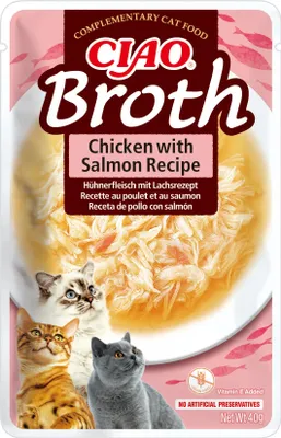 Imagen del producto de CHURU CAT: Sobres de comida húmeda para gatos, sabor caldo de pollo y salmón. Caja de 12 unidades de 40 gramos cada una