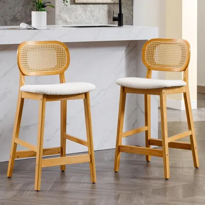 Produktbild von Barkreuze - Barhocker - Küchenhocker - Set von Barkreuzen - Set aus 2 Barkreuzen - Beige - Mit Rattan-Rückenlehne