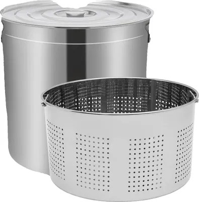 Produktbild von Suppentopf, 100 Liter Kapazität, 201 Edelstahlmaterial, ausziehbare Griffe, polierte Oberfläche, inklusive Filterkorb