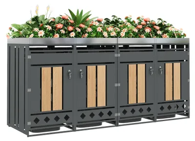 Produktbild von Mülltonnenbox mit vertikaler Holzmaserung, rautenförmige Belüftung, vier Türen & Pflanzfläche, grauer Geräteschrank für Garten