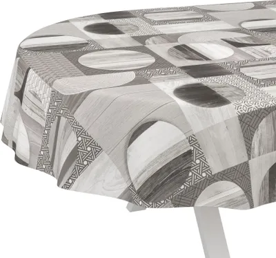 Produktbild von Tischdecke Vintage Holz Patchwork Grau Oval 180x140cm Schnittkante Wachstuch abwaschbar