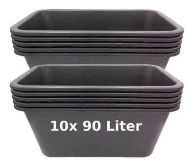 Two stacks of dark gray planting tubs, one on top of the other.