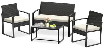 Immagine prodotto di Set di mobili da giardino COSTWAY in polyrattan, mobili da esterno, salottino con 2 poltrone, panca, tavolo e cuscini, mobili da terrazza, salottino beige