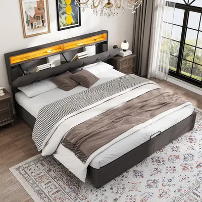 Produktbild von okwish Polsterbett Doppelbett 180×200cm Bettgestell mit LED-Beleuchtung,Hydraulisch Jugendbett mit Bettkasten und Staufächer，Grau-Ohne Matratze