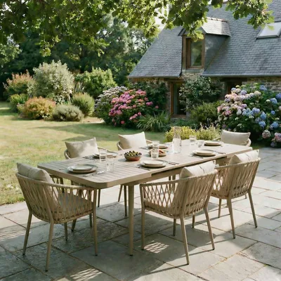 Produktbild von Gartenmöbel Set SUNNY mit 1 ausziehbaren Esstisch und 6 Stühlen, Esstisch Gestell aus Alu in champagner, Seilbespannung der Stühle in beige, Essgruppe inkl. Sitzkissen, Terassenmöbel