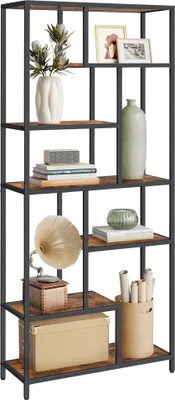 A multi-shelf bookcase with various decorative items and books.