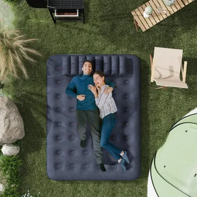 Produktbild von Luftbett Doppel-Luftmatratze mit Handpumpe & Kopfkissen, Blau 203x152x22cm für Camping & Gäste