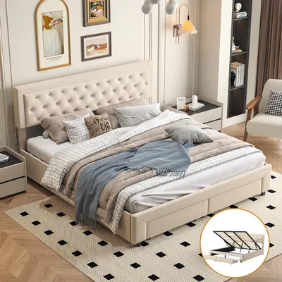 Imagen del producto de INONEFT, Cama boxspring hidráulica de 160 x 200 cm con 2 cajones, cama con espacio de almacenamiento, cama doble con somier, cama tapizada, ideal para jóvenes, color beige, tapizada en terciopelo