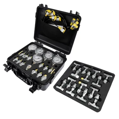Zdjęcie produktu dla Zestaw do testowania ciśnienia hydraulicznego - zestaw manometrów do systemów hydraulicznych - 5 manometrów - 5 przewodów testowych - 13 złączek - 14 trójników - zakres pomiarowy: 1–60 MPa (10–600 bar)