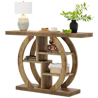 Produktbild von Tribesigns Konsolentisch 108 cm, 4-Tier Sofa Tisch Eingangstisch mit Kreis Basis, Holz Akzenttische mit Lagerung Regale, helle Eiche braun