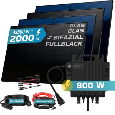 Produktbild von SUNNIVA® 2000W Balkonkraftwerk BIFAZIAL FULLBLACK komplett Steckdose GROWATT NEO-800M-X Wechselrichter, Komplettset 4x 500W PV Solaranlage Solarmodule