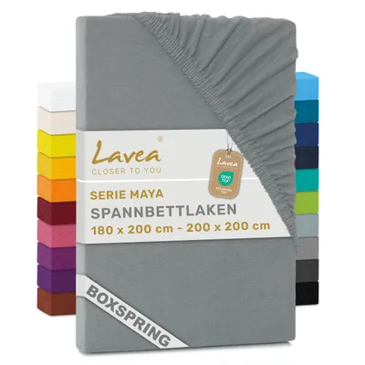 Produktbild von Lavea® Spannbettlaken 180-200x200 cm - Boxspringbett, Jersey, 40 cm Steghöhe, 100% Baumwolle, weich, atmungsaktiv, pflegeleicht, formstabil - Mittelgrau