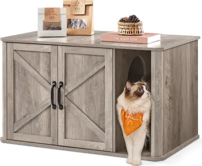 Produktbild von Feandrea Katzentoilette, Katzenklo-Schrank modern, Vordereingang, mit Doppeltür und Griffen Greige meliert