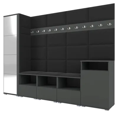Obrázek produktu pro Šatní skříň NELA XI 250 cm – modulární nábytek do předsíně, grafitová barva se zrcadlem a černým sedákem 16 (velká sada)