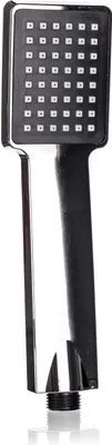 A close-up studio shot of a rectangular shower head.