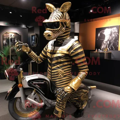 Produktbild von Goldenes REDBROKOLY Zebra-Maskottchenkostüm mit Motorradjacke und Hut
