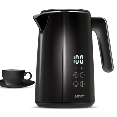 A black electric kettle with a digital display and a black cup and saucer are shown against a white background.