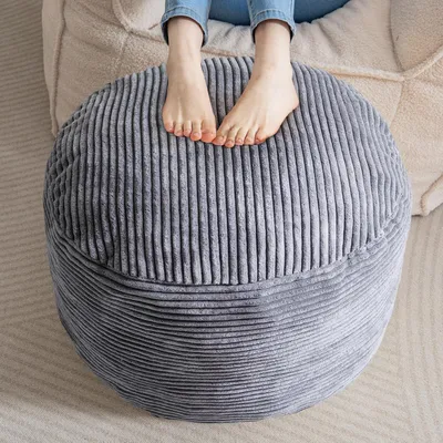 Produktbild von Runder Cord-Fußhocker als Sitzsack und Pouf mit Schaumstoffstückfüllung, 50 x 35 cm, Bodenpouf und Fußstütze für das Wohnzimmer, dunkelgrau