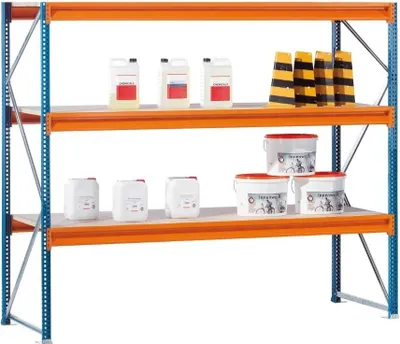 Produktbild von Schulte Weitspannregal mit Spanplatten W 100 | Grundregal | HxBxT 200x178,5x100cm | 3 Ebenen | Fachlast 670 kg | Blau/Orange/Verzinkt