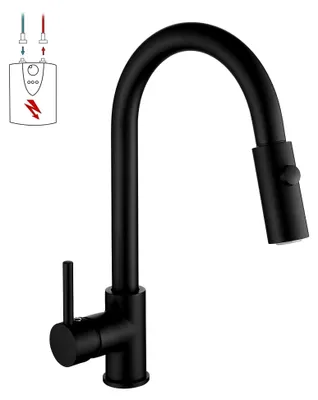 Produktbild von Niederdruck Küchenarmatur Ausziehbar Schwarz, 360° Drehbare Küchenarmatur, Wasserhahn mit 3 Anschlüssen für Boiler, Hohe Bogen Mischbatterie mit 2 Modi Brause, Edelstahl
