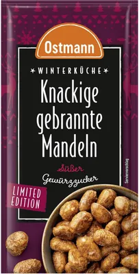A package of Ostmann Knackige gebrannte Mandeln (crunchy candied almonds) with a bowl of almonds shown.