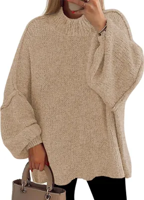 Produktbild von ASKSA Damen Pullover Oversized Fledermaus Strickpullover Rundhals Elegant Casual Gestrickt Winter Obertiele Pullis (Khaki,M)